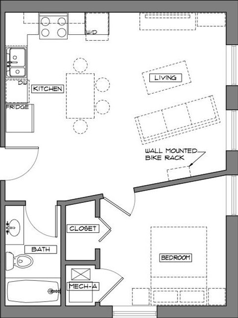 Floor plan for 1 bed, 1 bath, 500 sqft